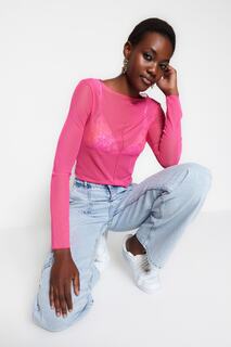 Блузка Trendyol эластичная с детальной приталенной строчкой и круглым вырезом, розовый