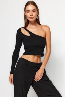 Блузка Trendyol эластичная в рубчик с детальной окантовкой, черный