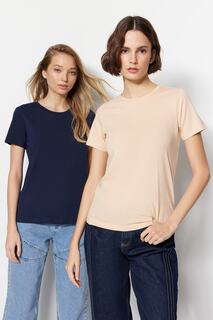 Комплект из двух футболок Trendyol, темно-синий / бежевый