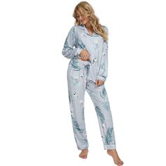 Женская одежда для сна, милая ночная рубашка с принтом и брюками, пижамные комплекты с длинными рукавами cheibear, синий