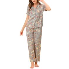 Женский пижамный комплект из шелкового атласа с цветочным принтом, топом и брюками с короткими рукавами cheibear, серый/зеленый