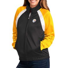 Женская спортивная куртка с молнией во всю длину реглан G-III 4Her by Carl Banks черная/золотая Pittsburgh Steelers Confetti реглан G-III