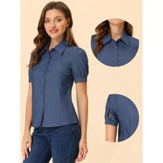 Джинсовые рубашки для женщин. Джинсовая рубашка на пуговицах с коротким рукавом и острым воротником. ALLEGRA K, темно-синий