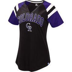 Женская базовая футболка реглан черного/фиолетового цвета Colorado Rockies Game с вырезом в горловине Starter