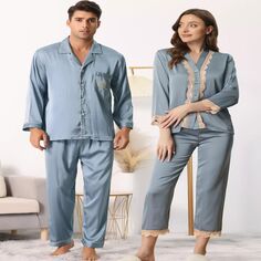 Мужская одежда для сна с длинным рукавом, рубашка на пуговицах, брюки, одинаковые пижамные комплекты для пар cheibear