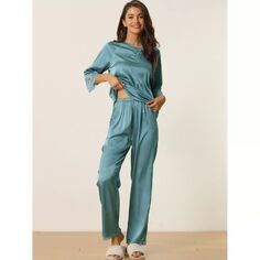 Женская атласная пижама для отдыха с брюками, пижамный комплект с длинными рукавами и длинными рукавами cheibear, зеленый