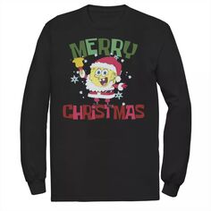 Мужская футболка Губка Боб Квадратные Штаны с рисунком Санта-Клауса с длинными рукавами и рождественским рисунком Nickelodeon, черный