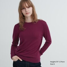 Джемпер из 100% очень тонкой шерсти мериноса с круглым вырезом Uniqlo, бордовый