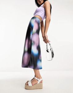 Юбка Monki Midi In Multi Blurred Abstract Print, мультиколор