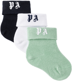 Комплект из трех детских зелено-белых носков с логотипом, зеленый/белый. Размер: рекомендуемый возраст. Palm Angels