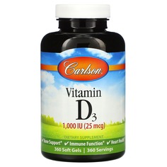 Витамин D3, 25 мкг (1000 МЕ), 360 мягких таблеток, Carlson