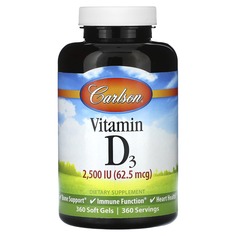 Витамин D3, 62,5 мкг (2500 МЕ), 360 мягких таблеток, Carlson