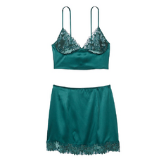 Пижама Victoria&apos;s Secret Very Sexy Satin Lace Cami &amp; High-Waist Slip Skirt, темно-зеленый