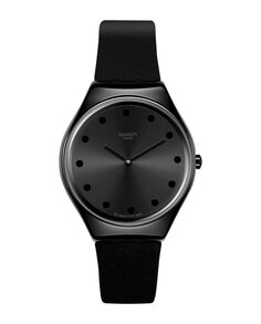 Часы Dark Spark с черным кожаным ремешком Swatch, черный