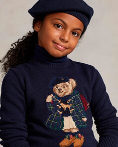 Хлопковый свитер для девочки с мишкой-поло Polo Ralph Lauren, темно-синий