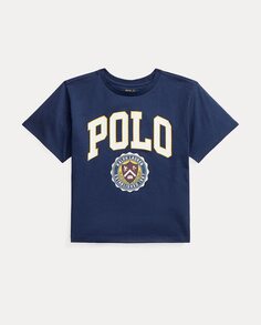 Укороченная хлопковая футболка для девочек с поло Polo Ralph Lauren, темно-синий