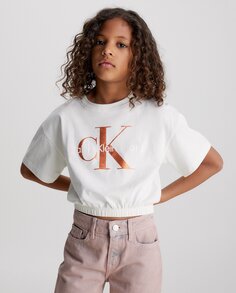 Футболка цвета слоновой кости для девушки с короткими рукавами Calvin Klein, кремовый