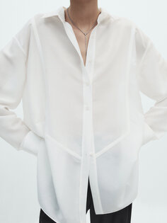 Струящаяся рубашка с деталию на грудье Massimo Dutti, кремовый