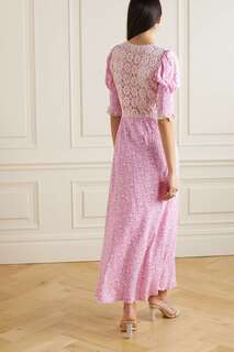 RIXO Платье миди из крепдешина с кружевными вставками и кружевными вставками связано крючком., розовый
