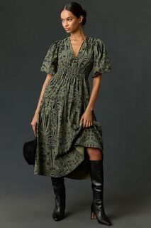 Вельветовое платье миди со сборками и принтом Pilcro, зеленый мотив