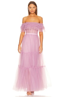 Платье BCBGMAXAZRIA Off Shoulder Tiered Gown, цвет Lavender Herb