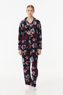 Пижамный комплект на пуговицах с цветочным принтом Fullamoda, темно-синий