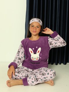 Пижамный комплект для девочек с круглым вырезом и принтом с длинными рукавами Güneş, фиолетовый Gunes