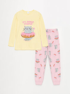 Пижамный комплект для девочек с круглым вырезом и принтом с длинными рукавами LCW Kids, светло-желтого