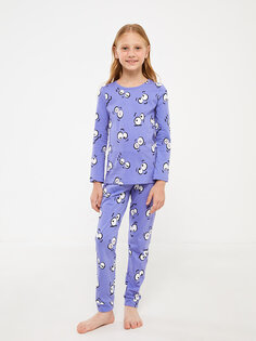 Пижамный комплект для девочек с круглым вырезом и принтом с длинными рукавами LCW Kids, светло-фиолетовый