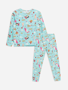 Пижамный комплект для девочки с круглым вырезом и длинными рукавами в новогодней тематике LCW Kids, светло-бирюзовый с принтом