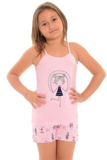 Пижамный комплект для девочки с хлопковыми шортами с тонкими бретелями и узором LITTLE FROG KIDS, розовый