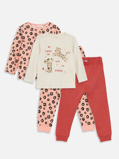 Пижамный комплект для маленьких девочек с круглым вырезом и длинными рукавами, 2 шт. LCW baby, светло-бежевый