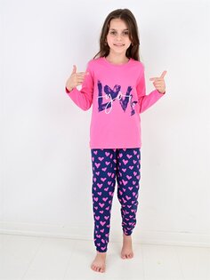 Пижамный комплект для маленьких девочек с круглым вырезом и длинными рукавами с принтом Vitmo Vitamin, фуксия