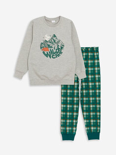 Пижамный комплект для мальчика с круглым вырезом и длинными рукавами с принтом LCW Kids, светло-серый меланж