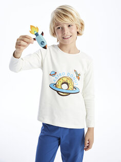 Пижамный комплект для мальчика с круглым вырезом и длинными рукавами с принтом LCW Kids, серый