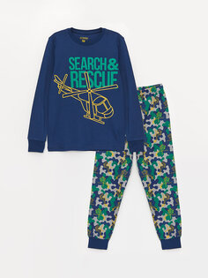 Пижамный комплект для мальчика с круглым вырезом и длинными рукавами с принтом LCW Kids, темно-синий