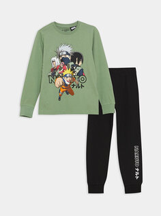 Пижамный комплект с длинными рукавами и круглым вырезом Наруто с принтом для мальчиков LCW Kids