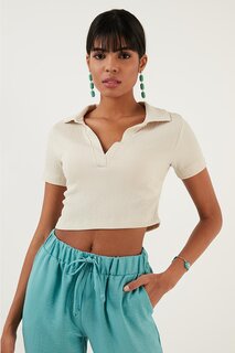 Укороченная блузка-поло Slim Fit с V-образным вырезом 5865035 Lela, серый