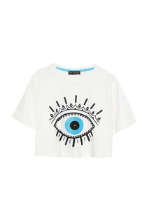 Укороченная футболка Stoned Eye с фигурным рисунком цвета экрю QUZU