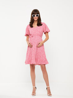 Платье для беременных с двубортным воротником и цветочным принтом с короткими рукавами LCWAIKIKI Maternity, лосось с принтом