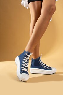Льняные женские кроссовки на шнуровке на толстой подошве до щиколотки 57-103-23Fhn Pembe Potin, темно-синий