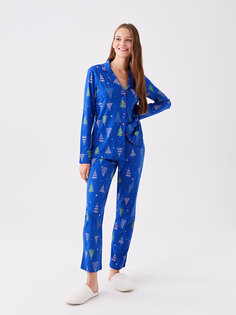 Женский пижамный комплект с длинным рукавом и воротником рубашки с принтом LCW DREAM, ярко-синий принт