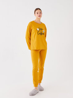 Женский пижамный комплект с длинными рукавами и круглым вырезом с принтом LCW DREAM, темно-желтый