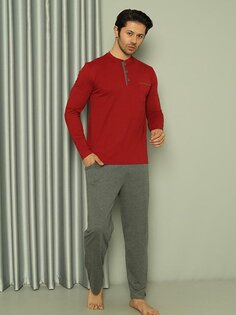 Мужской пижамный комплект с длинным рукавом, одинарный трикотаж, карман, хлопок, сезонный M58142264 ahengim, серый