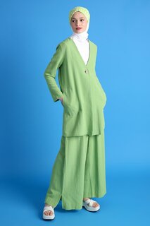 Зеленый льняной пиджак с карманами и V-образным вырезом на одной пуговице ALL DAY