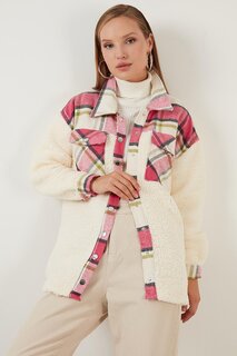 Зимняя куртка-рубашка из искусственного меха с карманами в клетку и рисунком оверсайз, женская куртка-рубашка 42190477 Lela