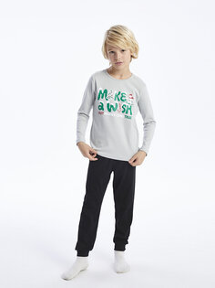 Новогодний тематический пижамный комплект с круглым вырезом для мальчика с длинными рукавами LCW Kids, серый
