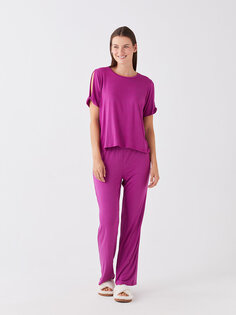 Однотонный женский пижамный комплект с круглым вырезом и короткими рукавами LCW DREAM, фиолетовый