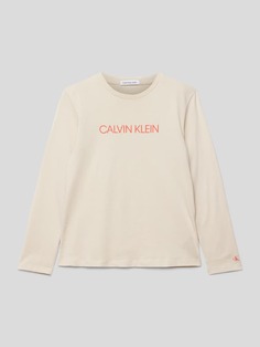 Лонгслив с принтом этикетки Calvin Klein Jeans, бежевый