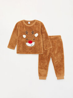 Плюшевый пижамный комплект для маленьких мальчиков с круглым вырезом и длинными рукавами в рождественском стиле LCW baby, бежевый